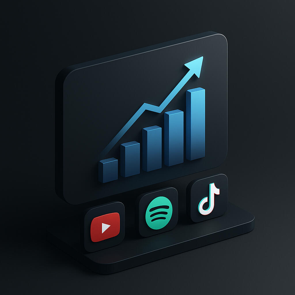 Vydanie a globálna distribúcia hudby – rastúci graf, ikony YouTube, Spotify a TikTok. Online Mastering SK