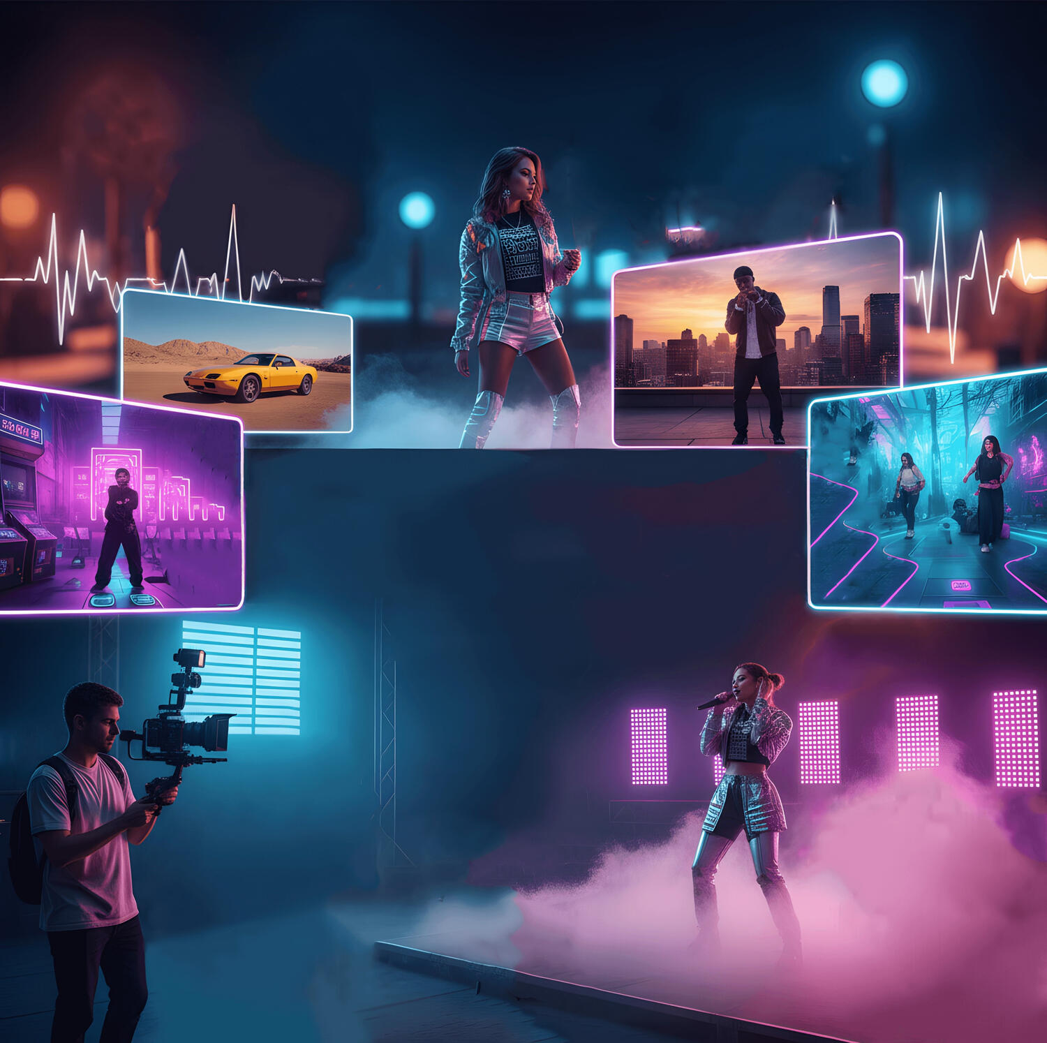 Natáčanie hudobného videoklipu – speváčka na pódiu a kameraman s gimbalom. Online Mastering SK