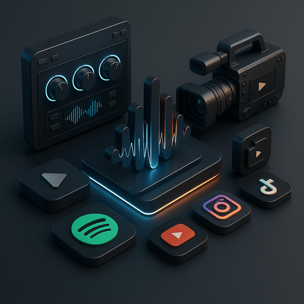 Kamera, podsvietené potenciometre, ikony hudobných platforiem – 3D vizuál k službám distribúcie hudby a točenia videoklipov. Online Mastering SK