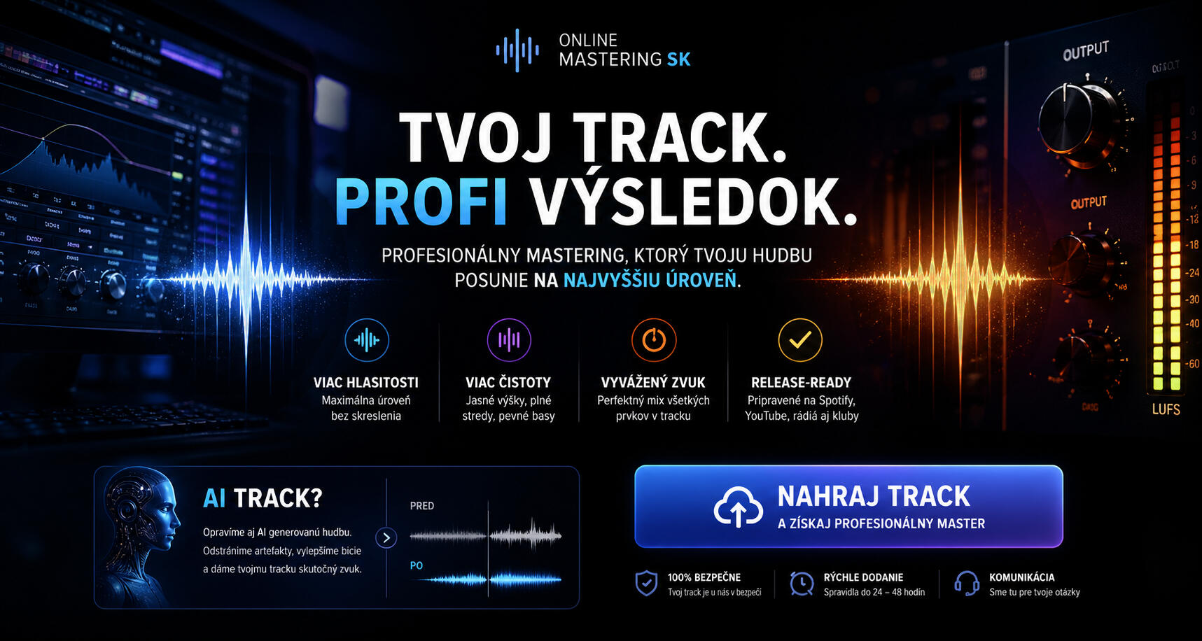 Banner Online Mastering SK s textom ,,Profi track, Profi výsledok." Obsahuje grafické prvky, hudobné ikonky, modré tlačítko s textom ,,Nahraj track." Vľavo je znázornený monitor s otvoreným DAW, vpravo compressor.